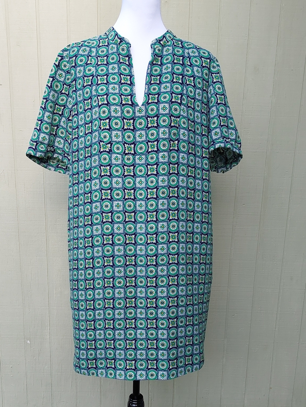 J. Crew Green Blue Short Sleeve Crepe Bib Midi Dress Sz 16